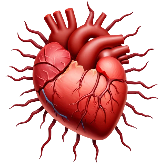 Glowing cuts of red meat and liver surrounding a bright red heart. Red blood cells float around the heart, with energy streams connecting the meat to the blood cells and heart, showing how iron-rich foods power circulation and vitality. emoji