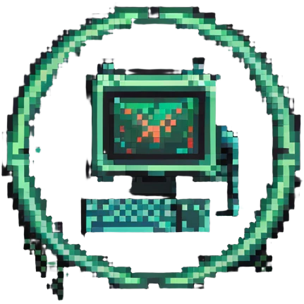 Minimalist technical pixel art IT support badge, bright colors, computer chip design emoji