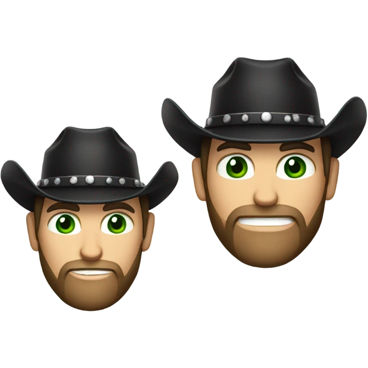 Caucasian male with green eyes, a dark beard dressed as a cowboy with short hair wearing a cowboy hat black emoji