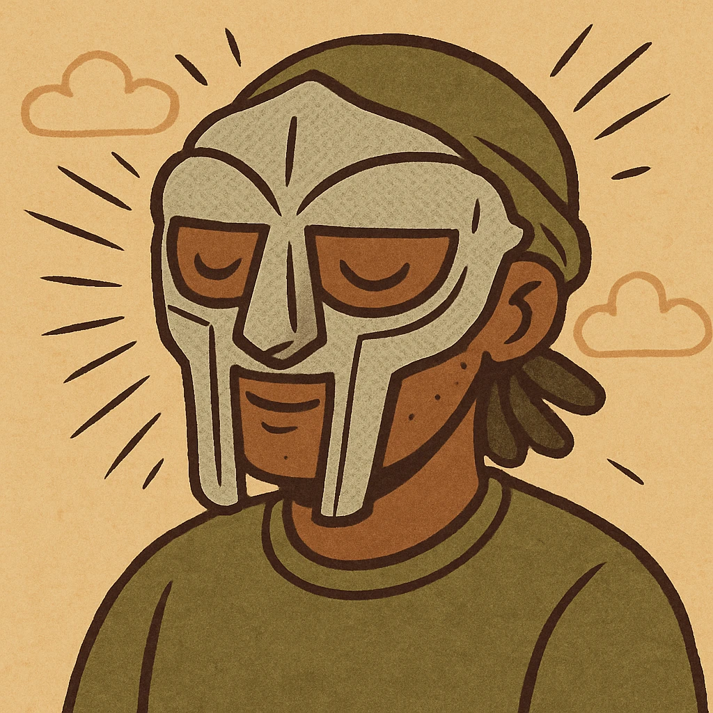 Add comic book effects including halftone dots, bold lines, and action lines to the MF Doom cartoon style portrait while keeping the flat warm color style. emoji