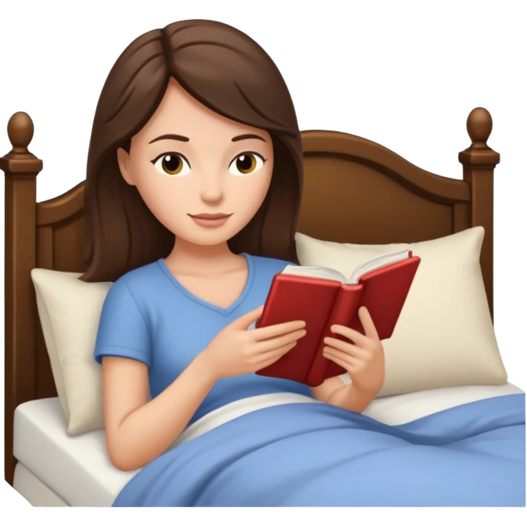 Brunette white woman reading laying in bed emoji