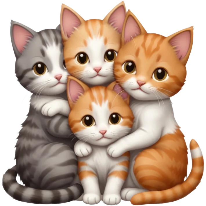 6 tiny kittens cuddling together all different colours, the first one is grey and white, the second is ginger and white and the third is brown tabby and white emoji