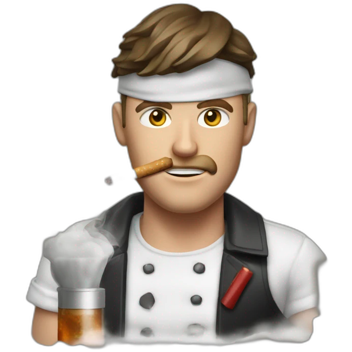 white man with eyepatch and smoking cigarette on top of tbone steak emoji