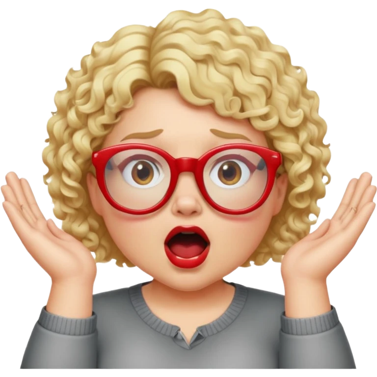 Blonde woman with short curly hair, slightly overweight, wearing red-framed glasses, shouting with hands on both sides of her mouth emoji