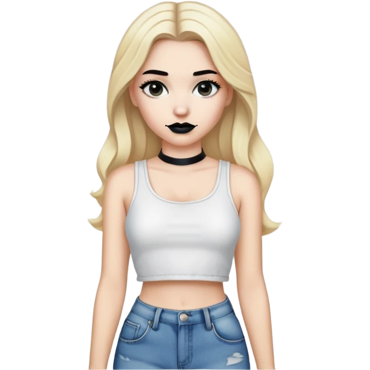 White girl with blond hair , black lipstick and white crop top for shirt and for pants baggy jeans emoji