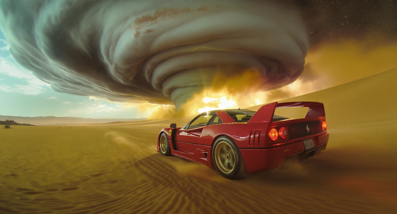 Cinematic still of a ferrari f40 around tornado od arizona desert, sun flare, captured by gopro hero with effect fisheye, water drops on car body, detailed, inspired by interstellar look, captured by a Super-16 emoji