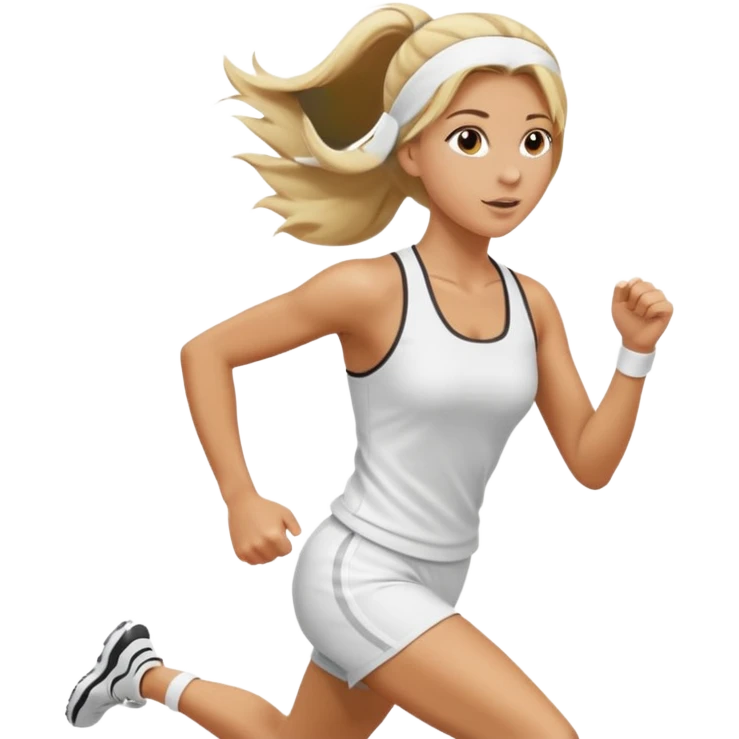Mujer color de piel moreno, con cabello rubio largo, lacio y suelto, bonita, nariz respingada, corriendo con ropa deportiva color blanco  emoji