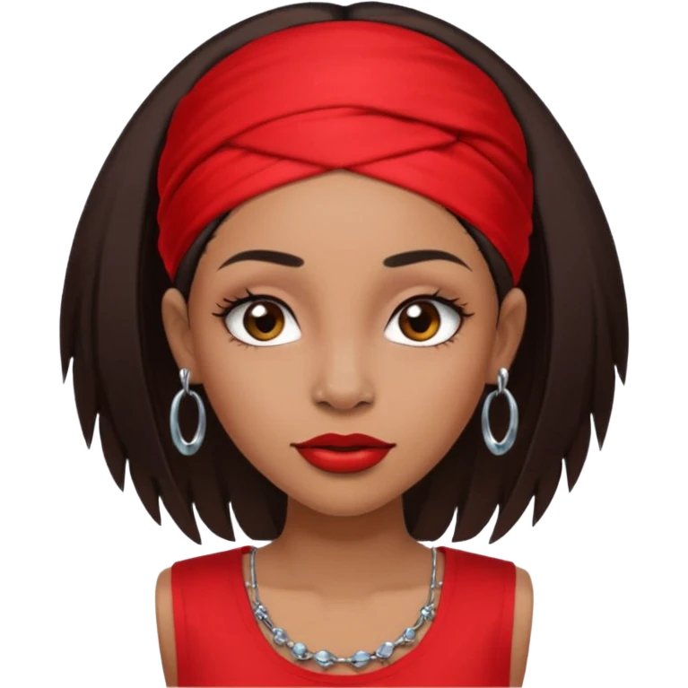 light-skinned black girl with long eyelashes with long strait dark brown hair with edges wearing a red top with no sleeves. and a red accessory on her head with nose and mouth piercings. emoji