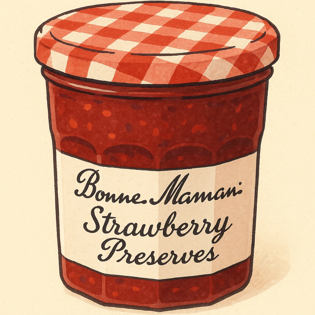 a jar of Bonne Maman jam, with its iconic red and white checkered lid, clear glass jar, and handwritten-style label, in a friendly, inviting illustration style emoji