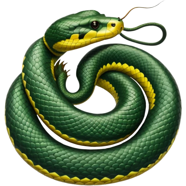 A photo-realistic top-down view of a Green Anaconda tightly coiled in a spiral, with its broad, flat head resting at the center. Its thick, muscular body is olive-green and covered in symmetrical, bold black oval spots that stand out against its smooth scales, creating striking natural camouflage. emoji
