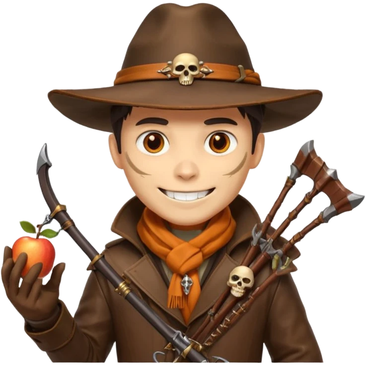 male human monster hunter emoji, wearing brown leather coat and wide hat, holding crossbow, with amulet shaped like skull, Halloween fantasy theme, confident smile, orange scarf, Apple emoji style, clean white background, square image emoji