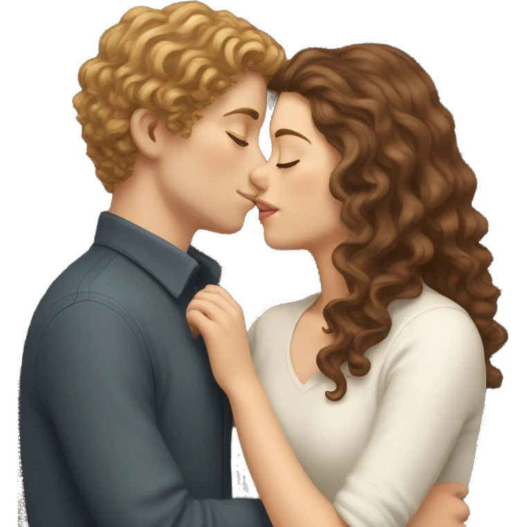 white girl with wavy brown long hair kissing a white boy with short curly brown hair emoji