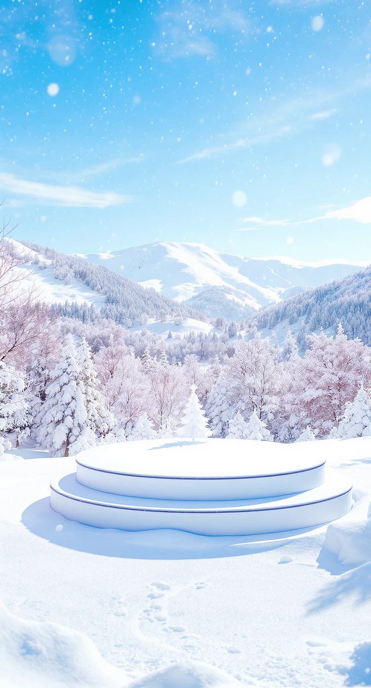 Cinematic still of a winter landcape, sunny day, white circle stage on middle, snowy,christmas tree in snow, in background we can see beautifull snowy landscape, soft light, symmetrical, day --no curtains emoji