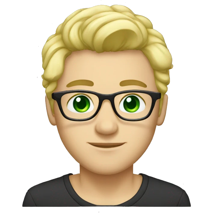 male, nose-piercing, cold blond hair, glasses, green eyes, black-t-shirt emoji
