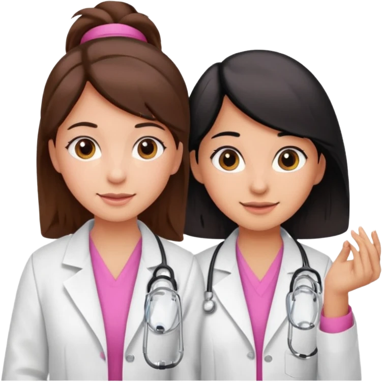 cientificas con blusa rosa y bata blanca felices, una chica con pelo marrón y otra chica un poco mas pequeña con pelo negro, deben tener la piel un poco brinceadas emoji