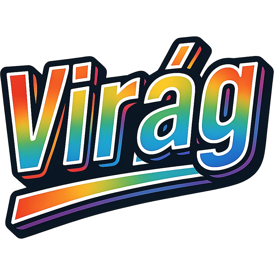 The name 'Virág' in modern, precise Hungarian letters with a rainbow gradient color fill, extra thick white letter outline, dark contour, transparent background, dynamic slanted underline, in the style of the sample images. emoji