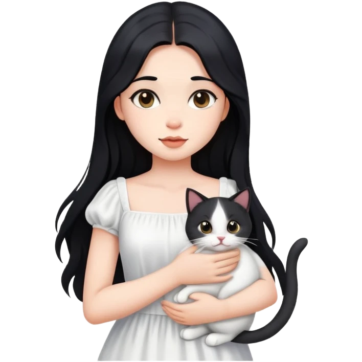 beautiful girl with long black hair wearing a white dress holding a cat in her arms emoji