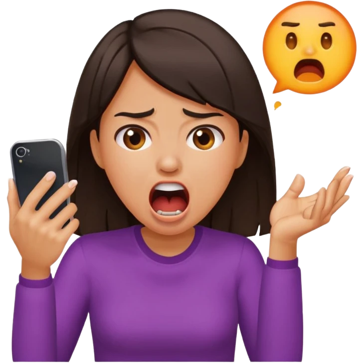upset girl screaming at her phone, mouth wide open, frustration visible emoji