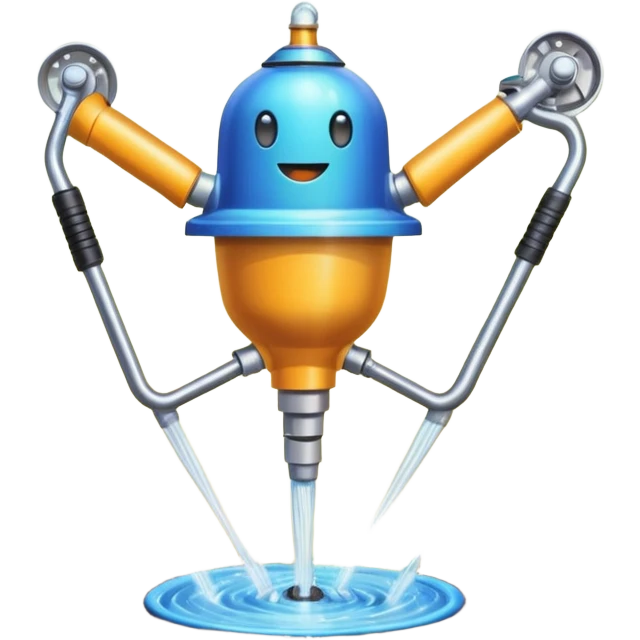 Garden tools, dancing joyfully around a sprinkler celebrating automation emoji