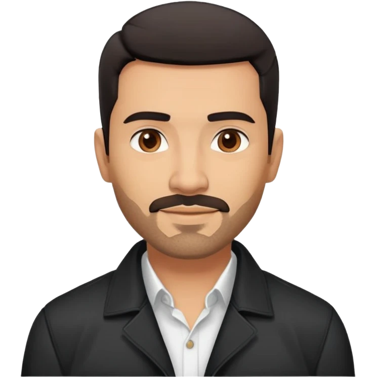 Attractive Hispanic TV host in his mid to late 40s with light brown skin, short straight black hair with pronounced fade haircut, stubble/scruff facial hair instead of full beard, square handsome face with strong jawline, friendly expression, wearing open black jacket with white buttoned shirt emoji