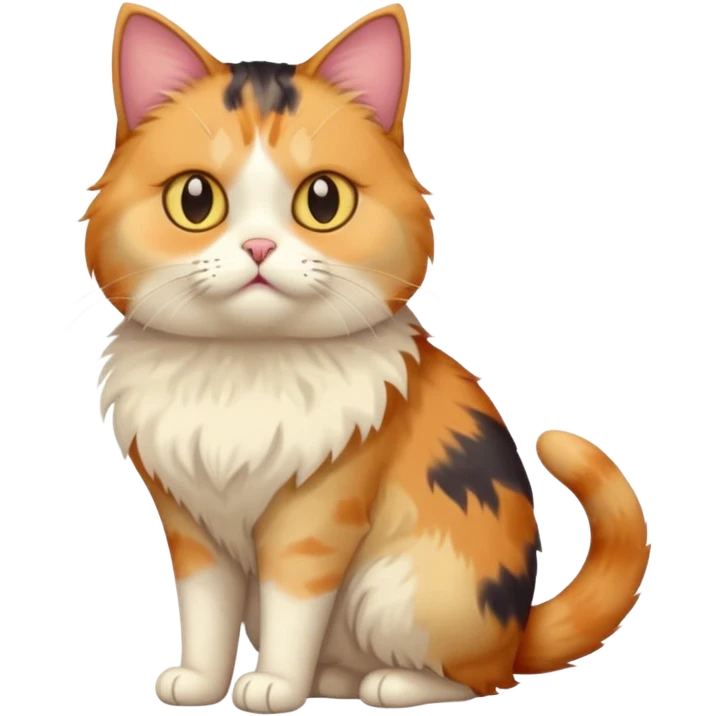 full body calico cat with skinny head and fat body with an anxious face emoji