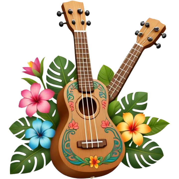 Ukulele with Polynesian carvings with flowers behind it emoji