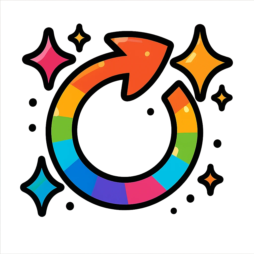 a respawn icon circular arrow with sparkles and a rainbow gradient, vibrant toon style, for a chaotic inclusive gaming group emoji