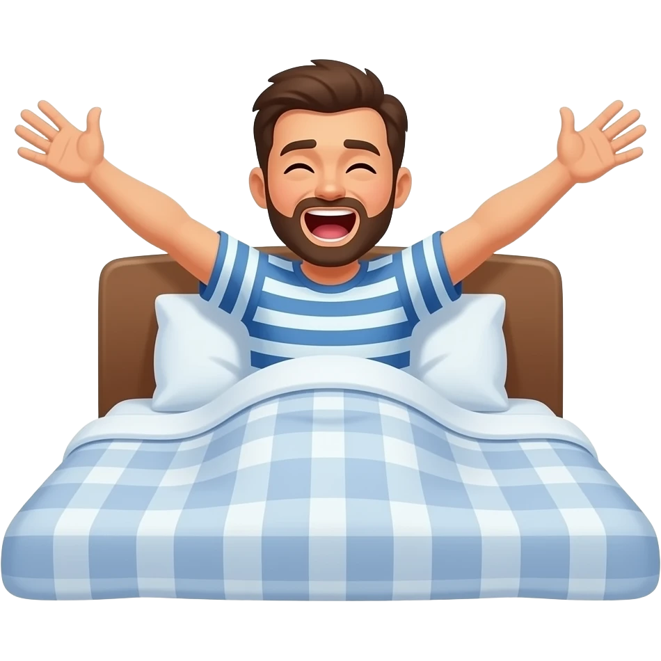 a man waking up in bed with arms fully stretched and yawning with the words "Good Morning" in purple printed across emoji