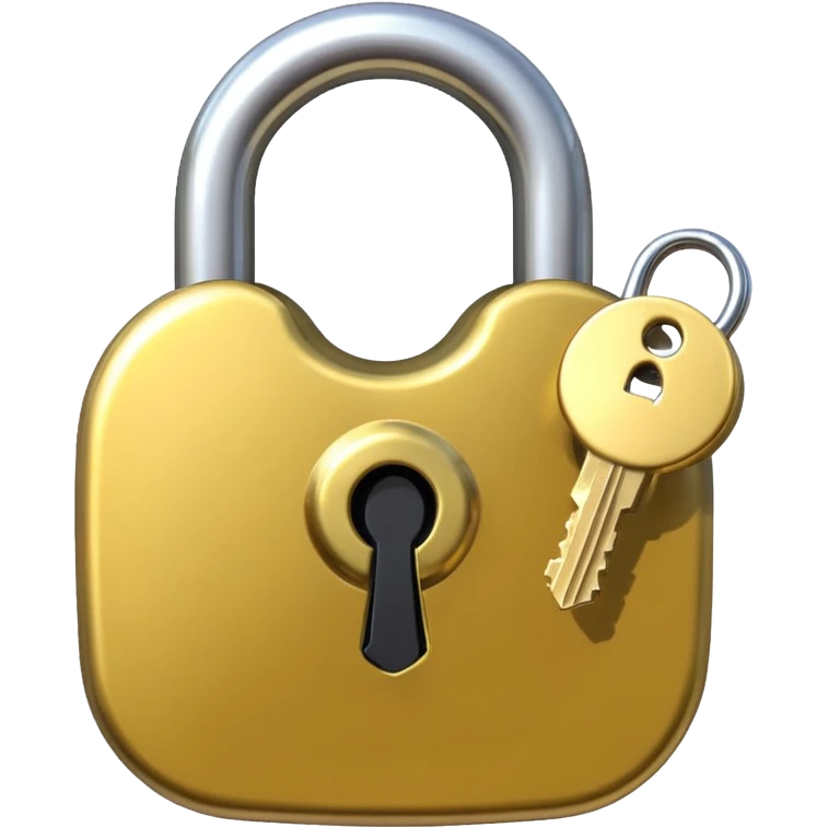 A shiny golden closed padlock with a silver key inserted into the keyhole, centered on a plain background. The lock is smooth and rounded, emoji-like style with clean lines emoji