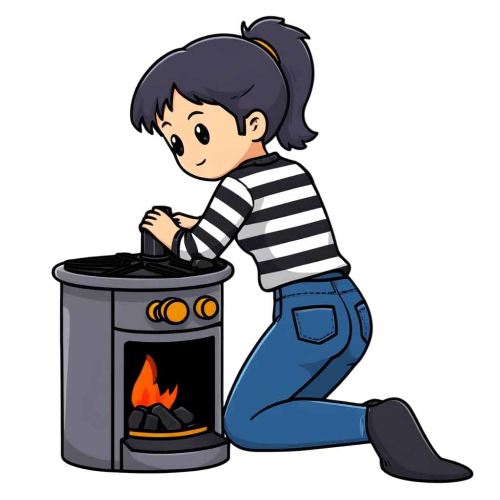 Metal cylindrical coal stove with a girl cleaning it while kneeling, seen from behind, wearing jeans and a striped shirt emoji
