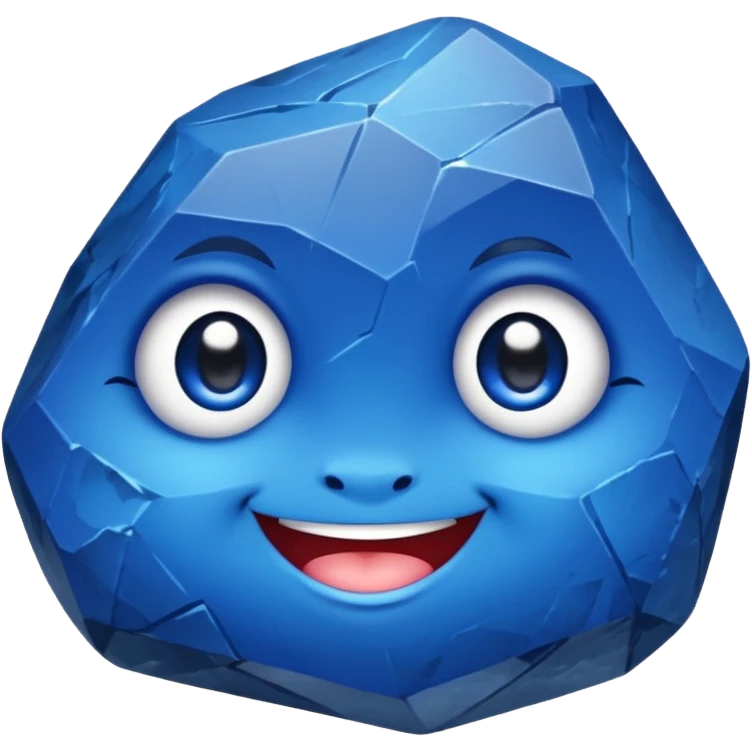 A single chubby gemstone rock character, bright sapphire blue, very rock-like with chunky irregular facets and a slightly rough stone texture, big glossy eyes and a happy smile emoji