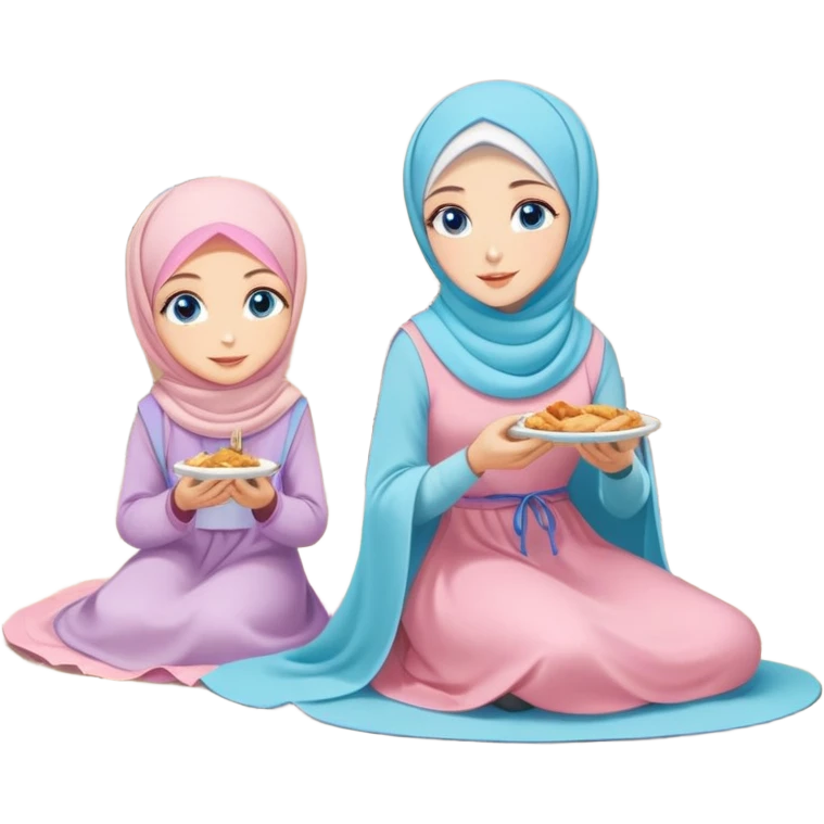Turkish beautiful finish Konya girls blue eyes with pastel hijab long tail dress and the two friends sits on the chair on the ground and eating the food in the restaurant  emoji