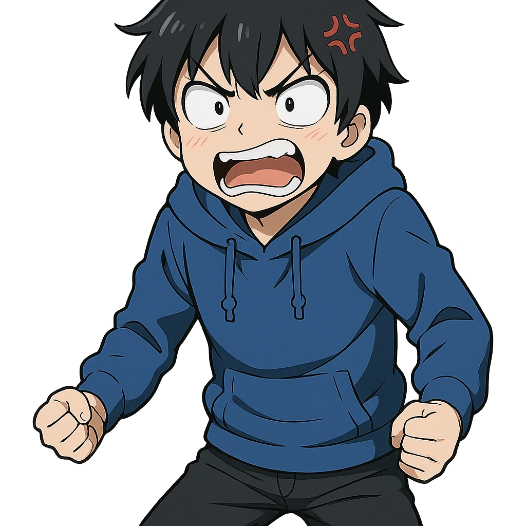 anime character with black hair, blue hoodie, black pants, funny and angry expression emoji