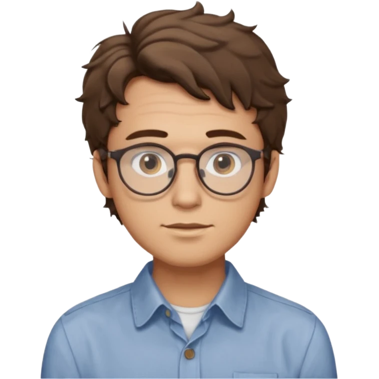 male Slim, slightly oval face, light skin.
Medium-length brown wavy hair, slightly messy.
Brown eyes, round eyeglasses.
Soft, calm expression.
No beard or very light stubble. emoji