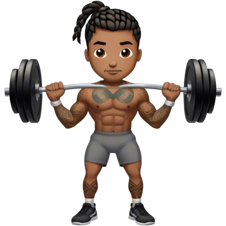 Buff black man with short braids and tattoos lifting weights emoji