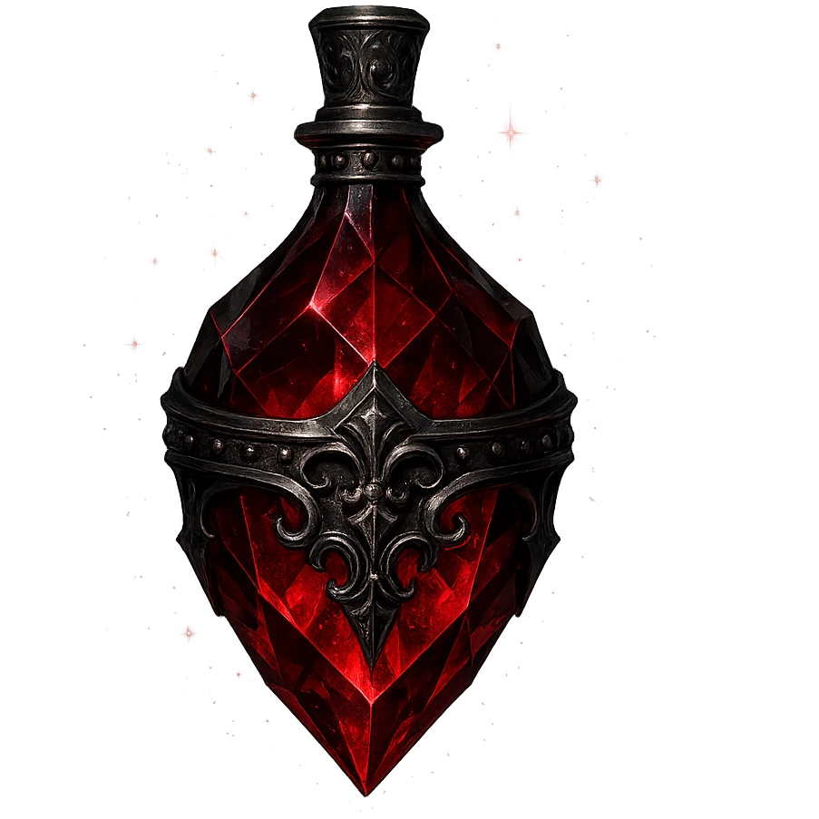 luxurious crystal elixir bottle, gothic and edgy style, dark red color, ornate black and silver details, sharp facets, magical glowing and sparkling effects, very small neck, seamless bottom, transparent background, bottle clearly floating in air, no base or shadow, modern, collection style emoji