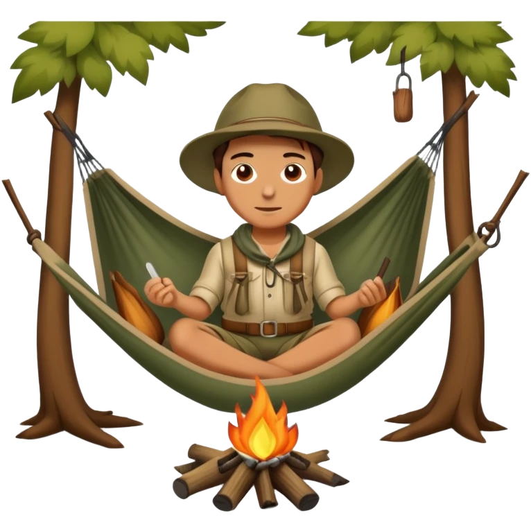 bushcraft adventure camp with campfire and hammock emoji