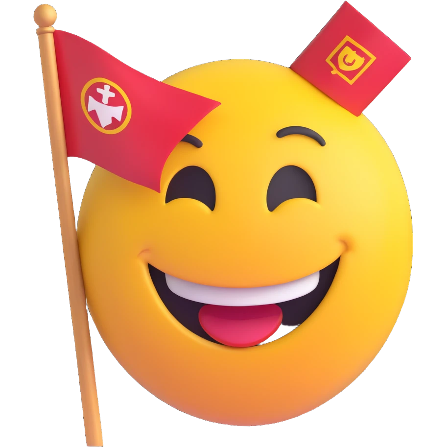3D smiley emoji, round shape, student with university flag, yellow color, proud face emoji