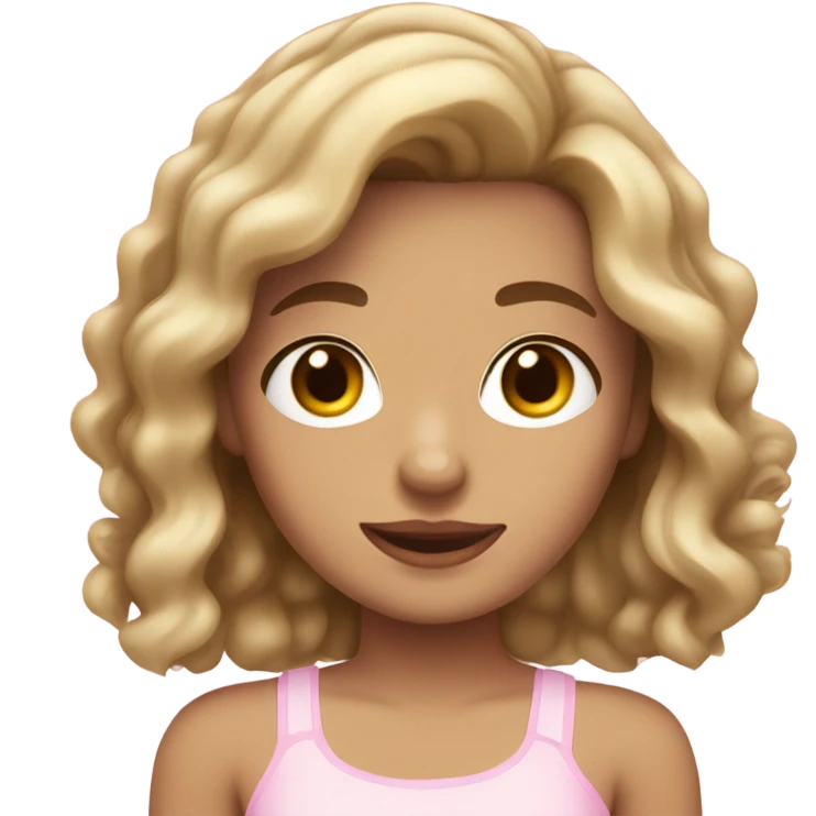 girl with wavy brown hair with blonde chunky streaks, pale, hazel eyes, short, light pink tube top. emoji