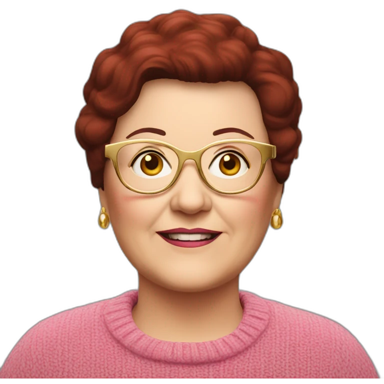 65 year-old Dutch chubby white woman with dark red colored short hair, pink sweater and gold glasses emoji