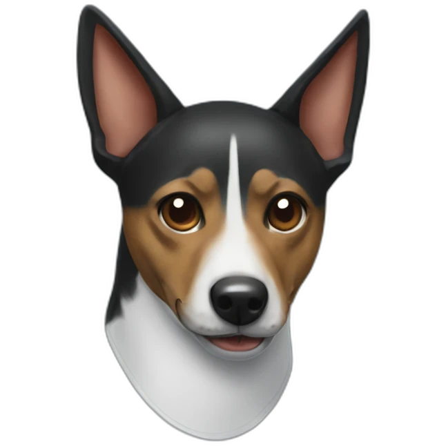 Black Basenji wearing shark costume with jaws face emoji