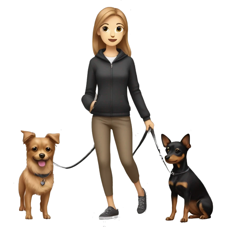 A light brown haired girl, walking one small black and tan miniature Pinscher and one big light brown Spitz on the lead emoji