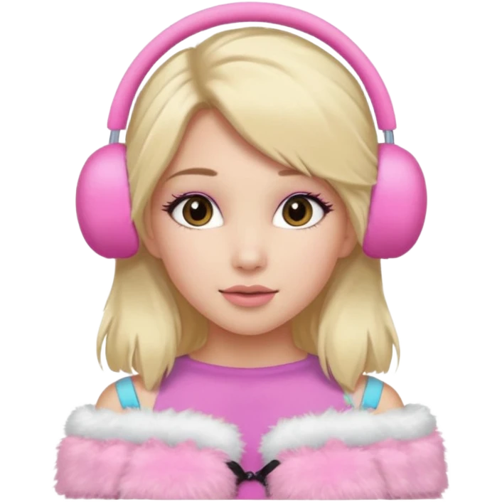 Mädchen mit blondem glattem langem Haar und rosanen top ohne Träger und rosa kuschelige Ohrenschützer für den Winter und latina make up emoji