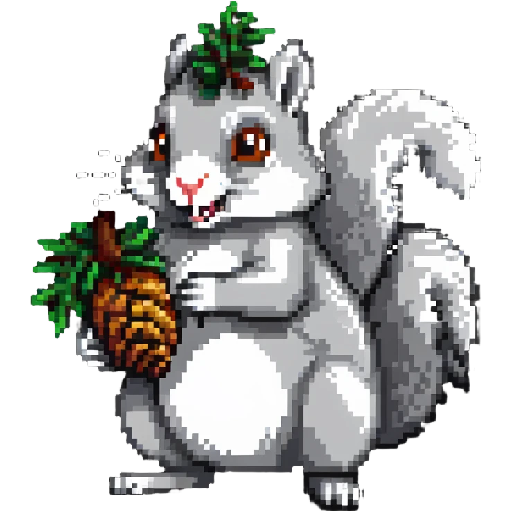 Greedy squirrel with big pine cone on head, weird creepy expression, hungry looking emoji