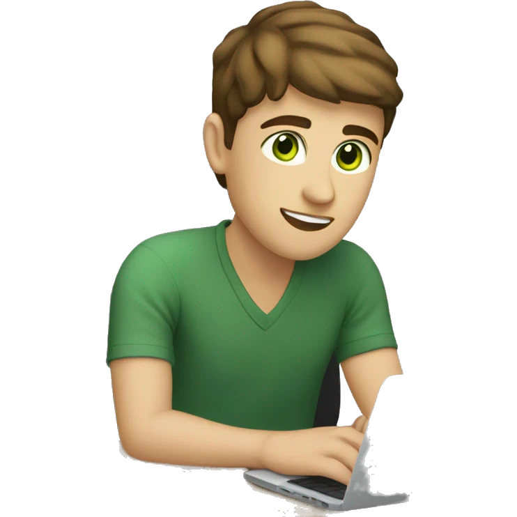 caucassian young man with short brown hair and green eyes working on laptop emoji