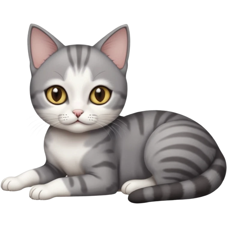full body tiny short hair dark grey and white cat with white front legs anh azel eyes lying down emoji