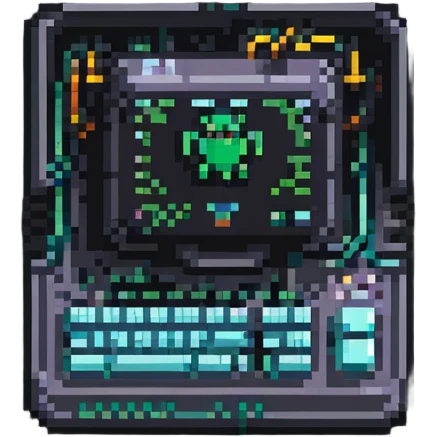 Minimalist technical pixel art IT support badge, bright colors, computer chip design emoji