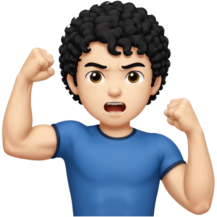 Emoji di ragazzo con capelli neri e ricci che urla e che fa vedere il muscolo del braccio e che fa questo gesto ✊🏻 emoji