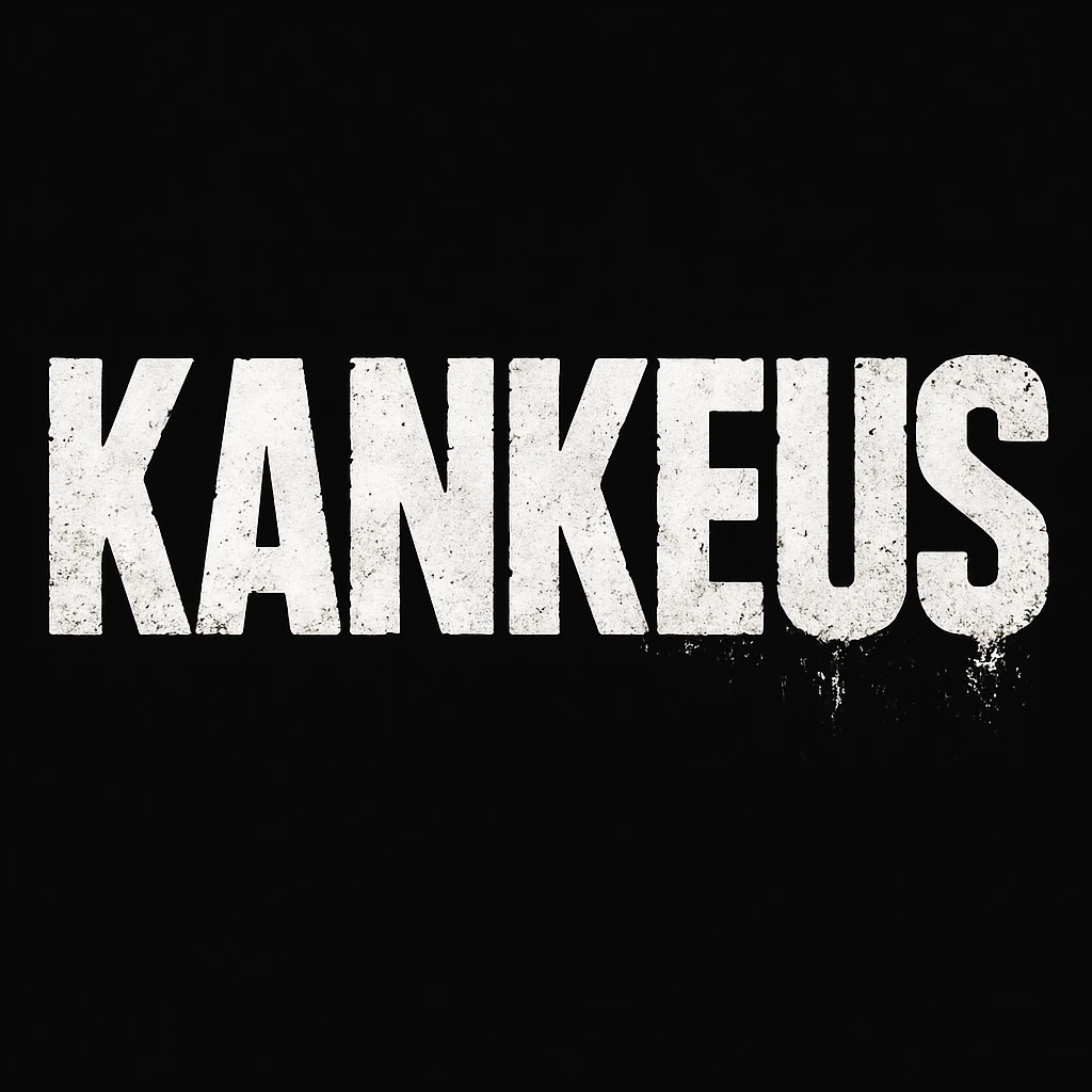 KankeuS logo, DayZ video game font style, distressed, bold, white text on black background, gritty and intense emoji