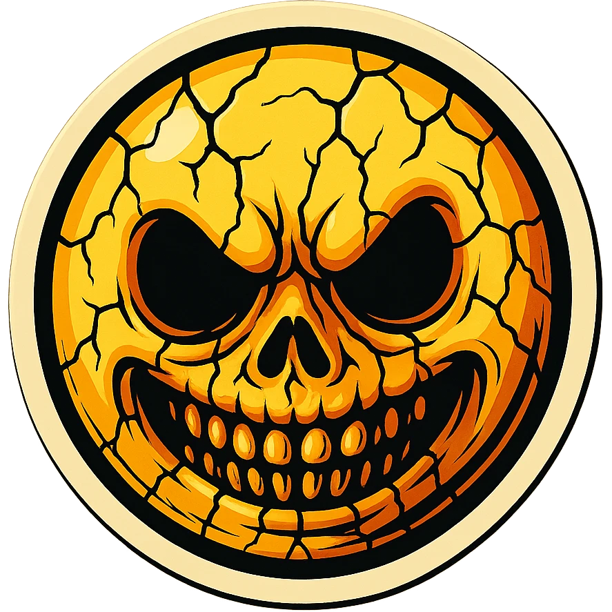 creepy scary emoji with cracks, retro stickers style, sharp black outlines, expressive shadows and highlights, no gradients, only sharp color transitions emoji